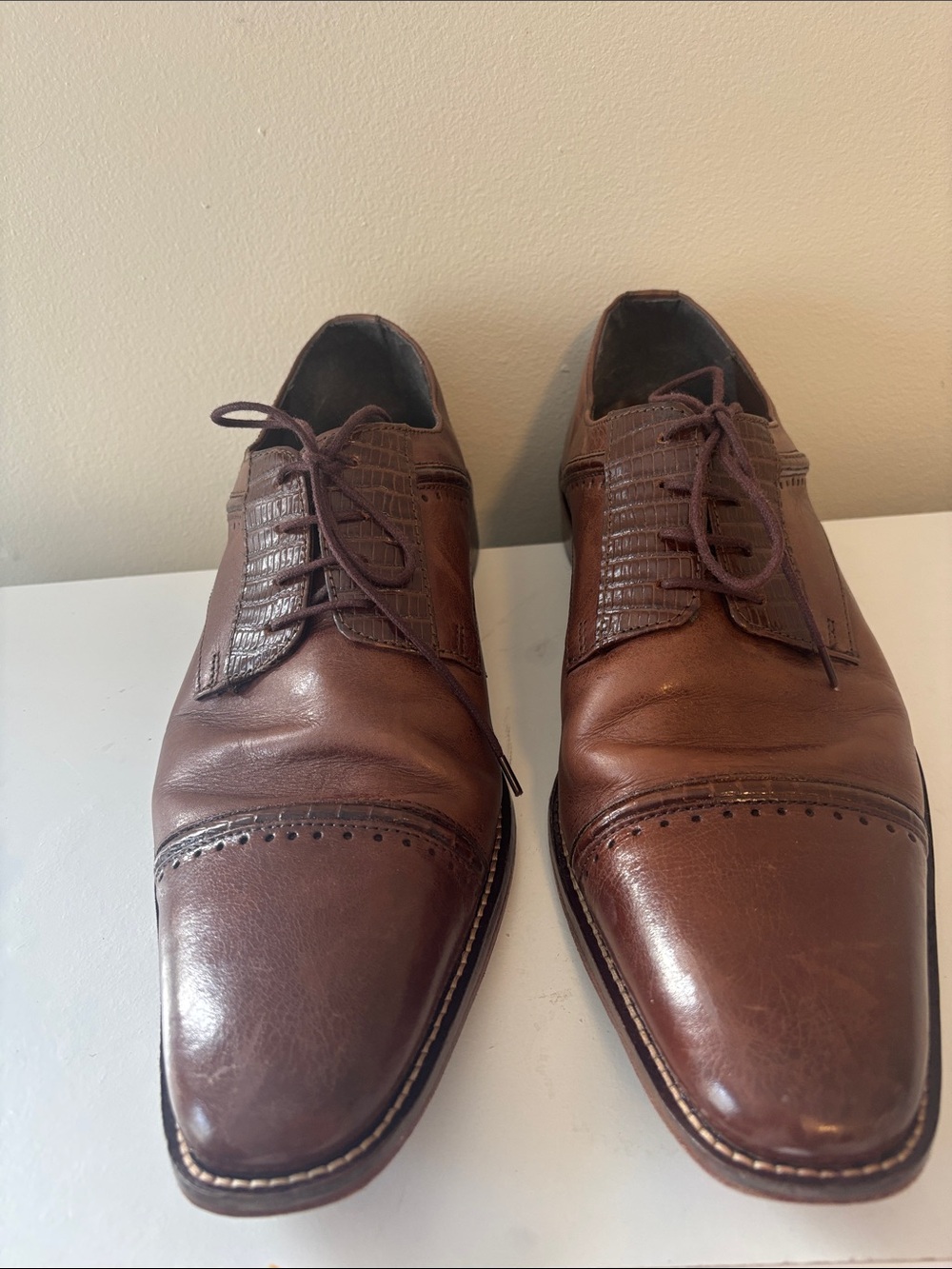 Stacy Adams Brown Leather Lace-Up Derby Oxfords with Textured Vamp
